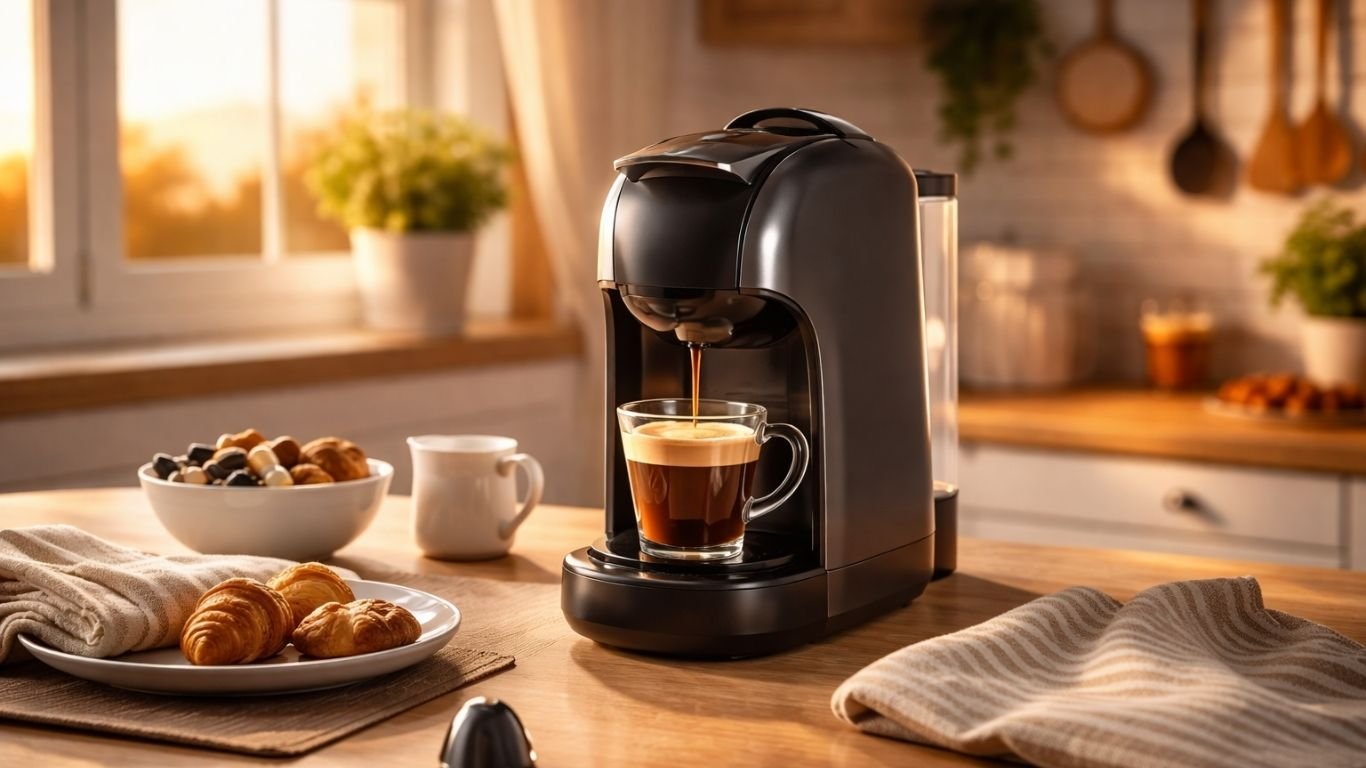 Cafeteira de cápsula preparando café em uma cozinha com janela ao fundo e pôr do sol