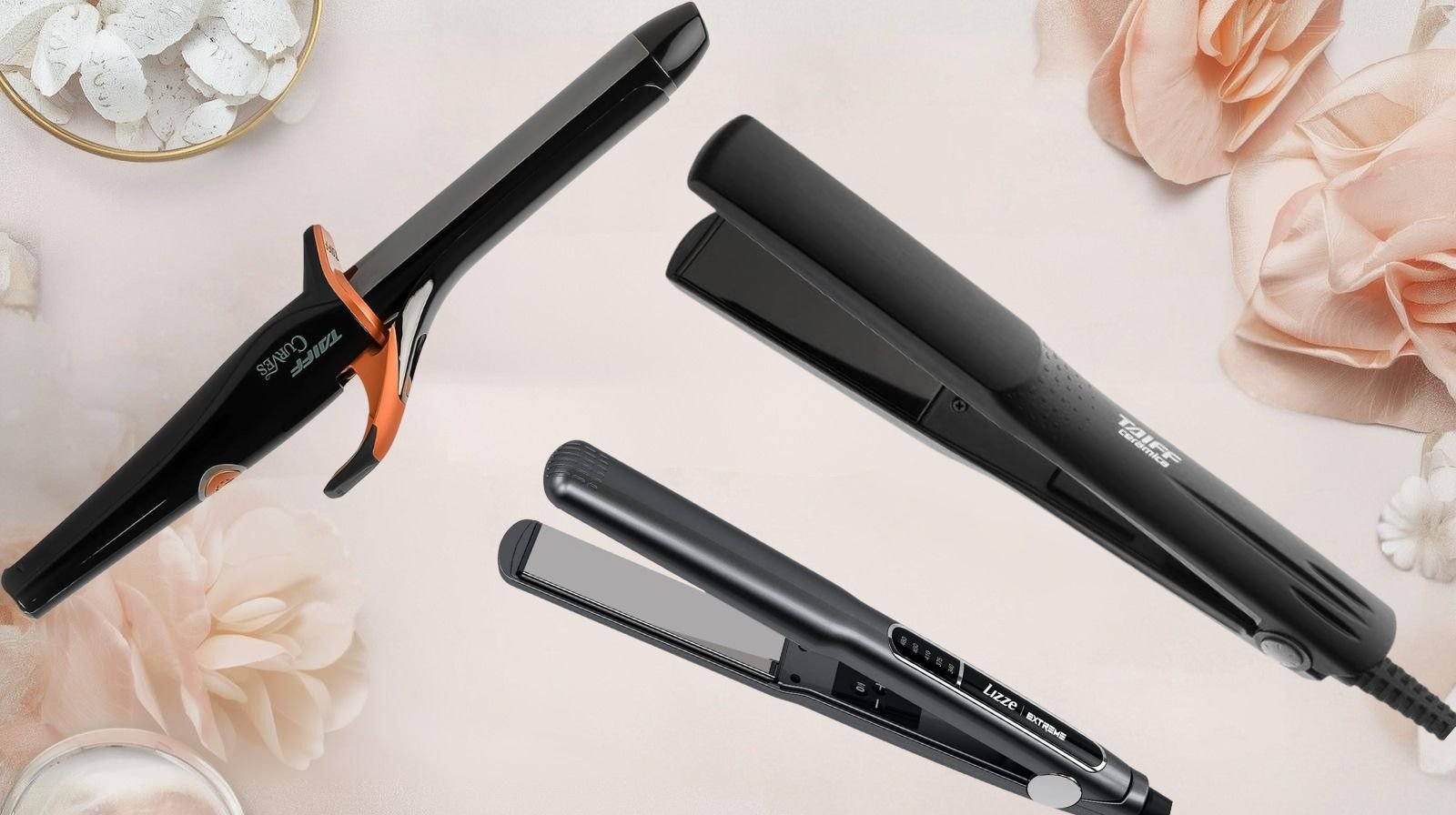 Chapinha profissional Taiff e Lizze lado a lado, mostrando modelos cerâmicos e prancha 480°F para alisamento de cabelo