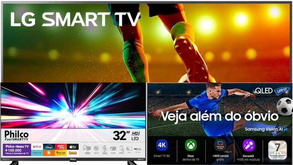 Comparativo entre melhor smart tv para comprar Philco 32”, LG 43” e Samsung QLED 50” lado a lado