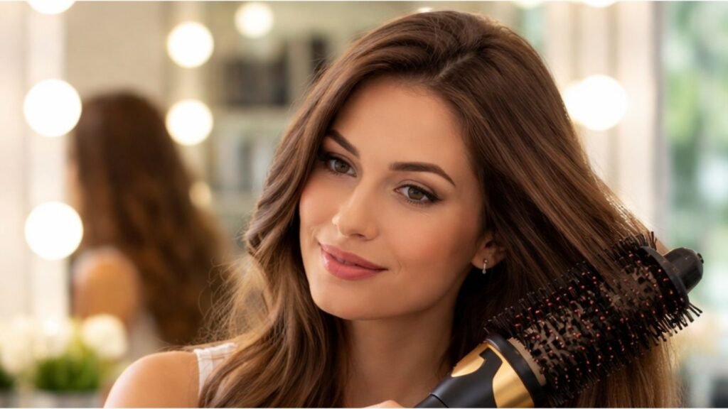 Escova secadora sendo utilizada por uma mulher em frente ao espelho em um ambiente iluminado como salão de beleza