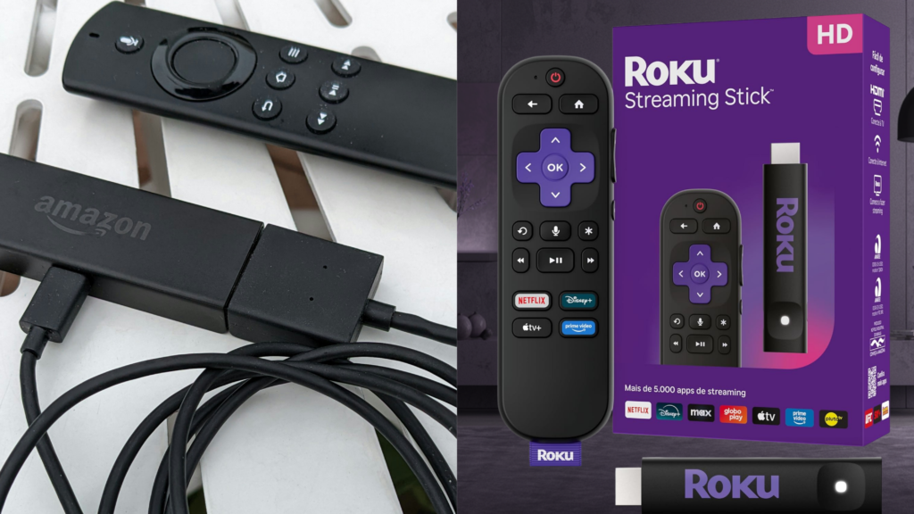 Comparação entre Roku Streaming Stick HD 2025 e Amazon Fire TV Stick HD conectados à TV