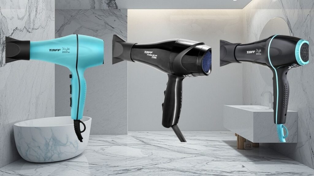 Três modelos de secador Taiff: Tourmaline 2100W e Style 2000W em destaque lado a lado