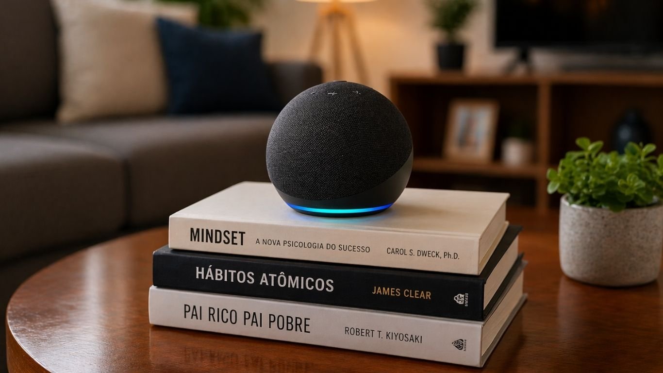 Alexa Echo Dot sobre livros em mesa de centro em sala de estar moderna com fundo desfocado