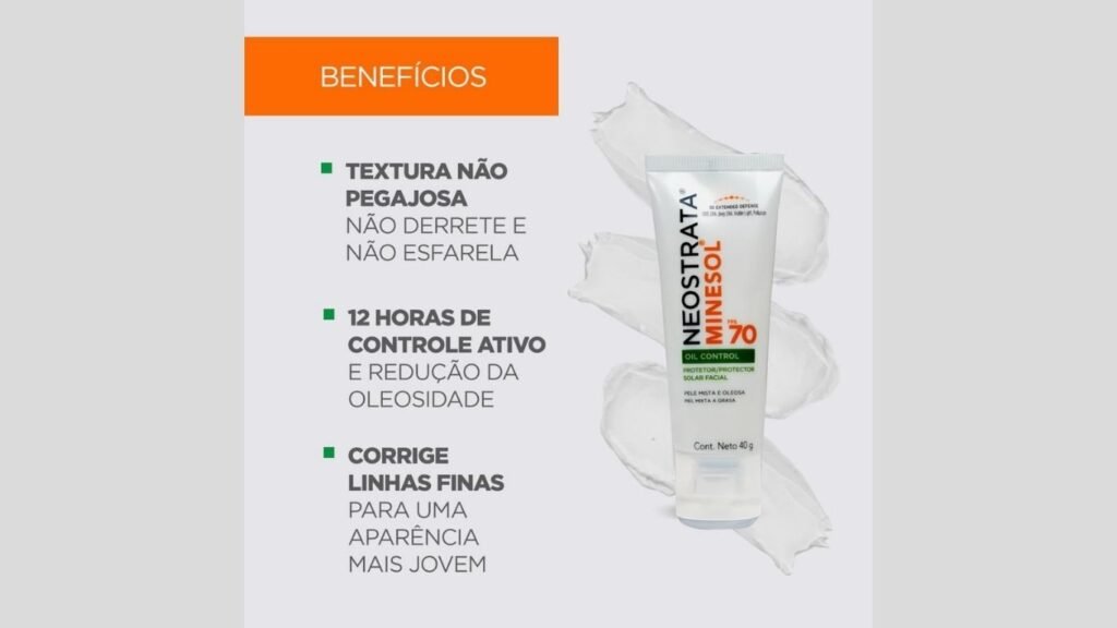 Infográfico de benefícios do protetor solar Neostrata Minesol FPS 70 Oil Control com 8 horas de controle de brilho