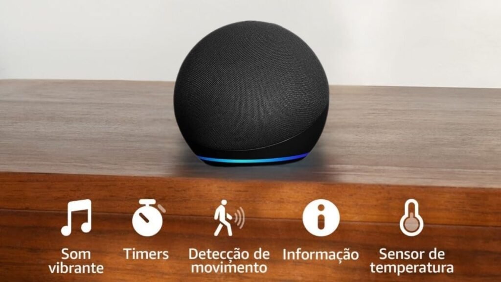 Alexa Echo Dot exibindo funções como som, timers, detecção de movimento e sensor de temperatura