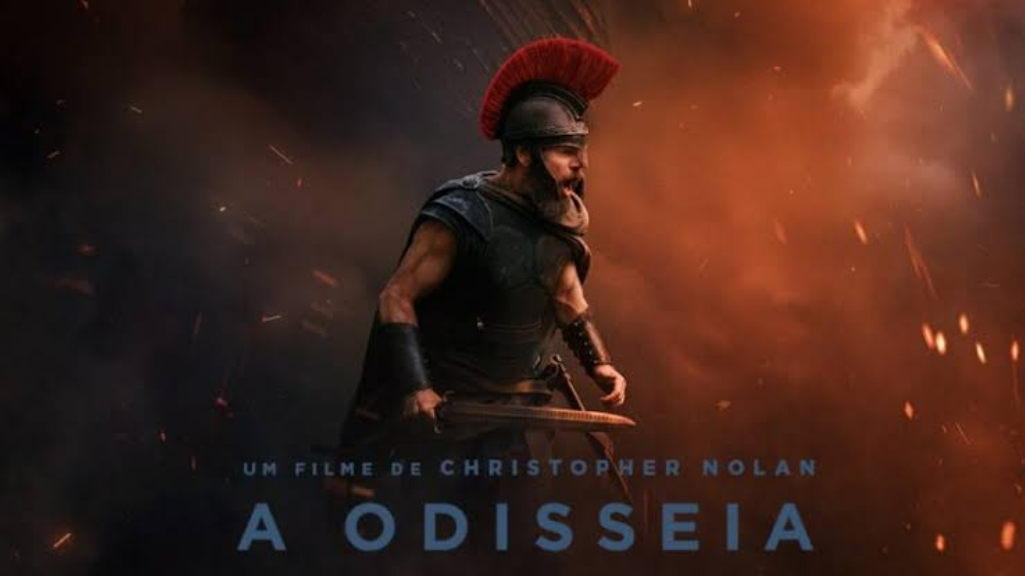 A Odisseia: pôster do filme inspirado na obra de Homero com um guerreiro grego em cena de batalha.