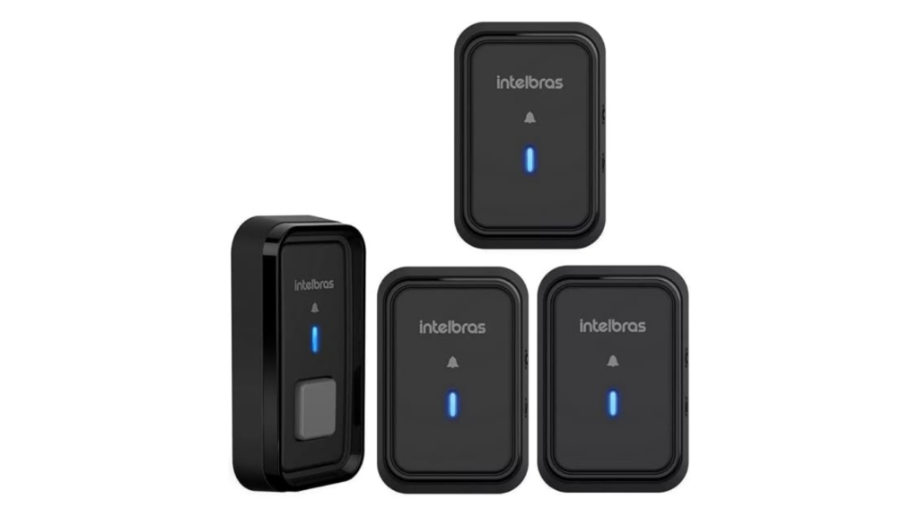 Kit campainha sem fio CIB 101 preta da Intelbras com um transmissor e três módulos receptores
