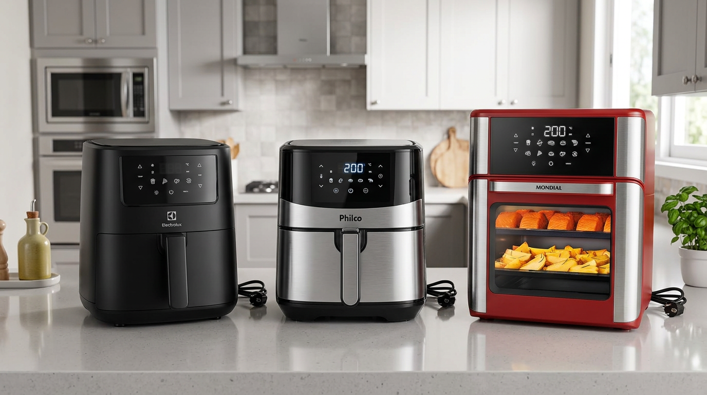 Comprar air fryer oven: comparativo lado a lado dos modelos Electrolux, Philco e Mondial em bancada de cozinha