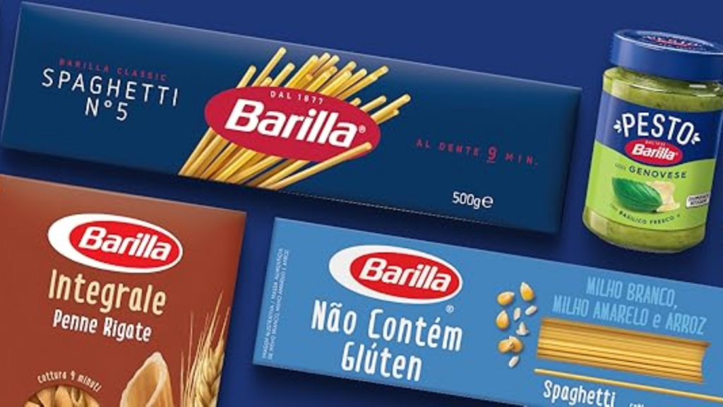 Linha de produtos Barilla: macarrão Spaghetti N°5, penne rigate integral, espaguete sem glúten e molho pesto Genovese