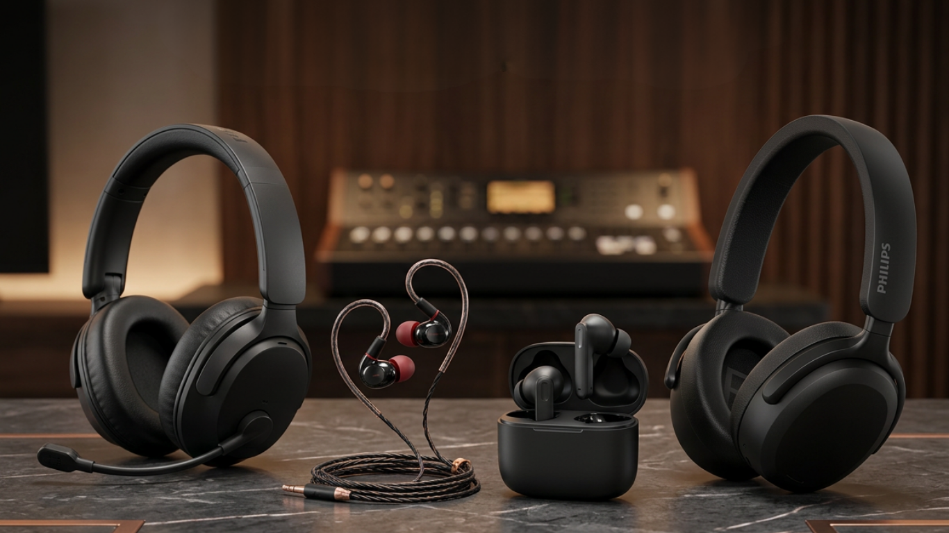Quatro tipos de fone de ouvido lado a lado: headset gamer, intra-auricular, TWS e over-ear