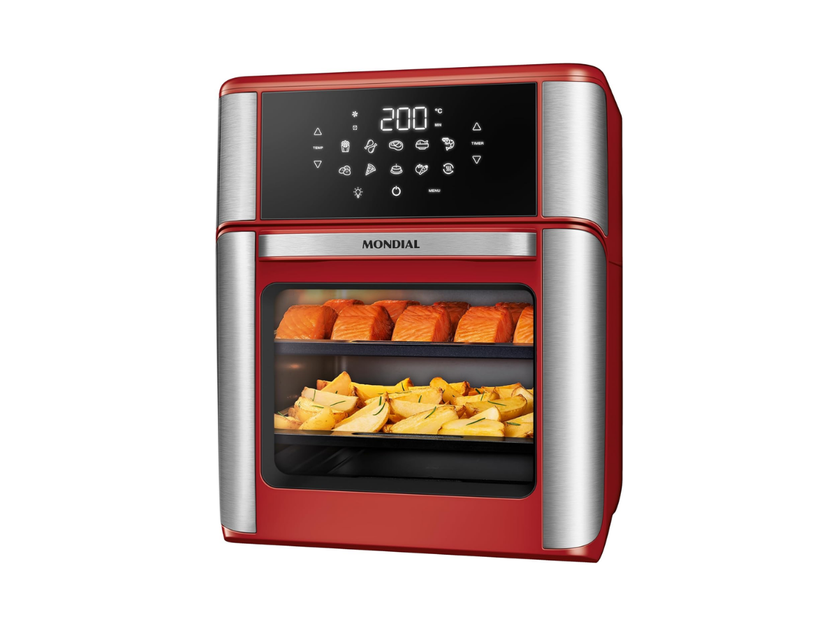 Mondial Air Fryer Forno Oven 12L vermelho e inox com salmão e batatas assando nas bandejas